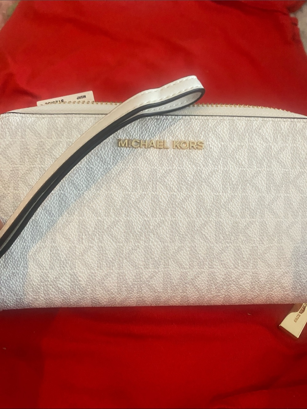 Michael Kors White Logo-Print Wristlet with Gold Hardware